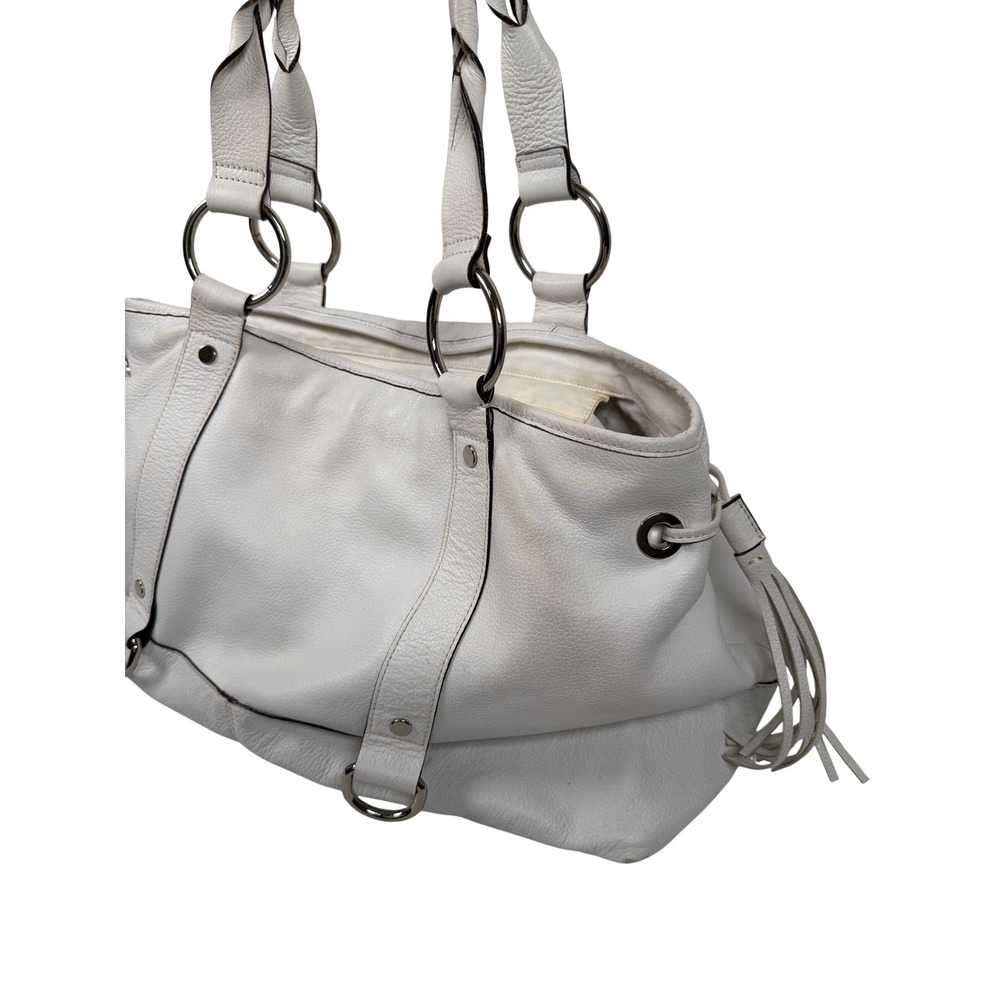 Vintage Banana Republic Womens Large White Leather Braided Handle Tassel Satchel
